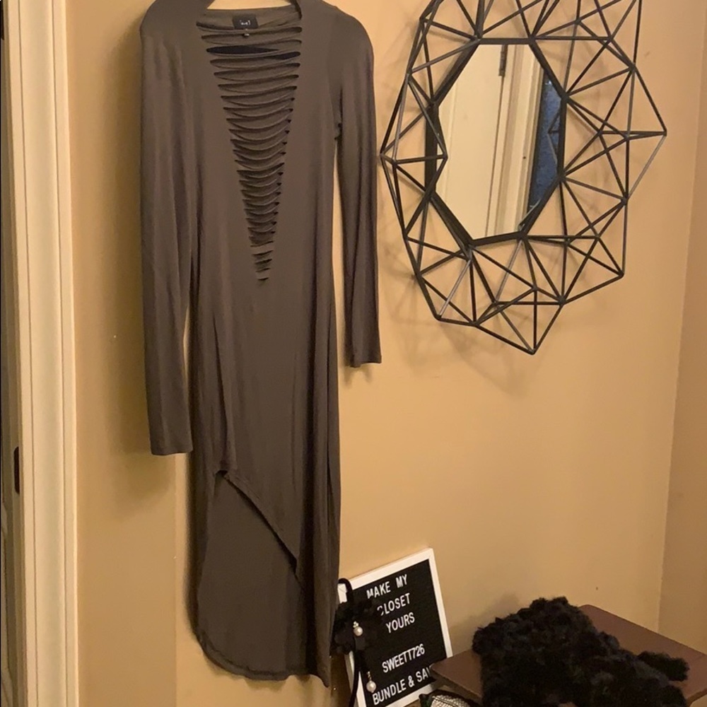 NWOT Love J Bodycon, midi length, long-sleeved, asymmetrical hem dress - Picture 6 of 9